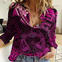 Polynesian Pride Libra Zodiac Women Casual Shirt Astrological Sign Tribal Plumeria Pink Galaxy LT14 Female Pink - Polynesian Pride