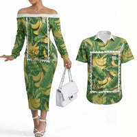 Aloha Hawaii Maia Couples Matching Off The Shoulder Long Sleeve Dress and Hawaiian Shirt Hawaiian Banana Stylized Stamp LT14 Green - Polynesian Pride