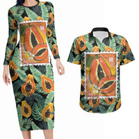 Aloha Hawaii Mikana Couples Matching Long Sleeve Bodycon Dress and Hawaiian Shirt Hawaiian Papaya Stylized Stamp LT14 Green - Polynesian Pride