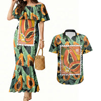 Aloha Hawaii Mikana Couples Matching Mermaid Dress and Hawaiian Shirt Hawaiian Papaya Stylized Stamp LT14 Green - Polynesian Pride