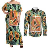 Aloha Hawaii Mikana Couples Matching Off Shoulder Maxi Dress and Long Sleeve Button Shirt Hawaiian Papaya Stylized Stamp LT14 Green - Polynesian Pride
