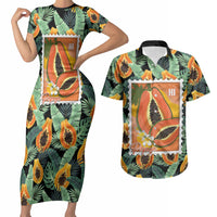 Aloha Hawaii Mikana Couples Matching Short Sleeve Bodycon Dress and Hawaiian Shirt Hawaiian Papaya Stylized Stamp LT14 Green - Polynesian Pride
