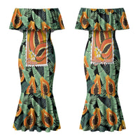 Aloha Hawaii Mikana Family Matching Mermaid Dress and Hawaiian Shirt Hawaiian Papaya Stylized Stamp LT14 Mom's Dress Green - Polynesian Pride