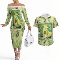 Aloha Hawaii Avocado Couples Matching Off The Shoulder Long Sleeve Dress and Hawaiian Shirt Hawaiian Fruit Stylized Stamp LT14 Green - Polynesian Pride