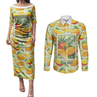Aloha Hawaii Manako Palaka Motifs Couples Matching Puletasi and Long Sleeve Button Shirt Hawaiian Mango Stylized Stamp LT14 Yellow - Polynesian Pride