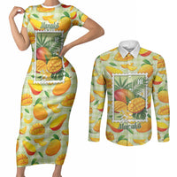 Aloha Hawaii Manako Palaka Motifs Couples Matching Short Sleeve Bodycon Dress and Long Sleeve Button Shirt Hawaiian Mango Stylized Stamp LT14 Yellow - Polynesian Pride
