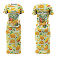 Aloha Hawaii Manako Palaka Motifs Family Matching Short Sleeve Bodycon Dress and Hawaiian Shirt Hawaiian Mango Stylized Stamp LT14 Mom's Dress Yellow - Polynesian Pride