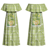 Aloha Hawaii Ulu Palaka Motifs Couples Matching Off Shoulder Maxi Dress and Long Sleeve Button Shirt Hawaiian Breadfruit Stylized Stamp LT14 - Polynesian Pride