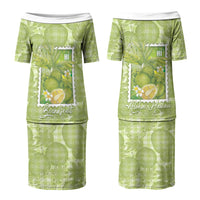 Aloha Hawaii Ulu Palaka Motifs Family Matching Puletasi and Hawaiian Shirt Hawaiian Breadfruit Stylized Stamp LT14 Mom's Dress Green - Polynesian Pride