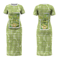Aloha Hawaii Ulu Palaka Motifs Family Matching Short Sleeve Bodycon Dress and Hawaiian Shirt Hawaiian Breadfruit Stylized Stamp LT14 Mom's Dress Green - Polynesian Pride