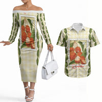 Aloha Hawaii Rambutan Palaka Motifs Couples Matching Off The Shoulder Long Sleeve Dress and Hawaiian Shirt Hawaiian Fruit Stylized Stamp LT14 Yellow - Polynesian Pride