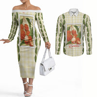 Aloha Hawaii Rambutan Palaka Motifs Couples Matching Off The Shoulder Long Sleeve Dress and Long Sleeve Button Shirt Hawaiian Fruit Stylized Stamp LT14 Yellow - Polynesian Pride