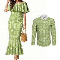 Omaomao Hawaii Breadfruit Palaka Motifs Couples Matching Mermaid Dress and Long Sleeve Button Shirt LT14 Green - Polynesian Pride