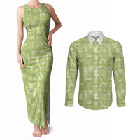 Omaomao Hawaii Breadfruit Palaka Motifs Couples Matching Tank Maxi Dress and Long Sleeve Button Shirt LT14 Green - Polynesian Pride
