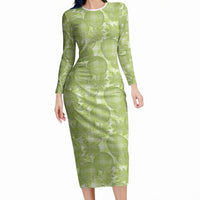 Omaomao Hawaii Breadfruit Palaka Motifs Long Sleeve Bodycon Dress LT14 Long Dress Green - Polynesian Pride