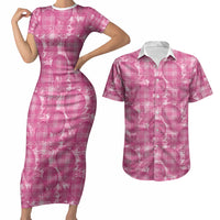 Alaka Hawaii Breadfruit Palaka Motifs Couples Matching Short Sleeve Bodycon Dress and Hawaiian Shirt LT14 Pink - Polynesian Pride