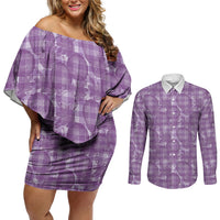 Poni Hawaii Breadfruit Palaka Motifs Couples Matching Off Shoulder Short Dress and Long Sleeve Button Shirt LT14 Purple - Polynesian Pride