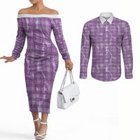 Poni Hawaii Breadfruit Palaka Motifs Couples Matching Off The Shoulder Long Sleeve Dress and Long Sleeve Button Shirt LT14 Purple - Polynesian Pride