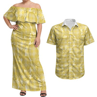 Melemele Hawaii Breadfruit Palaka Motifs Couples Matching Off Shoulder Maxi Dress and Hawaiian Shirt LT14 Yellow - Polynesian Pride