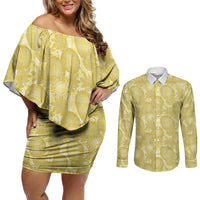 Melemele Hawaii Breadfruit Palaka Motifs Couples Matching Off Shoulder Short Dress and Long Sleeve Button Shirt LT14 Yellow - Polynesian Pride