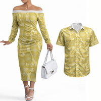Melemele Hawaii Breadfruit Palaka Motifs Couples Matching Off The Shoulder Long Sleeve Dress and Hawaiian Shirt LT14 Yellow - Polynesian Pride