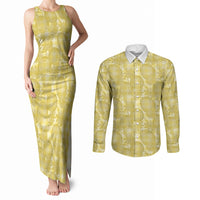 Melemele Hawaii Breadfruit Palaka Motifs Couples Matching Tank Maxi Dress and Long Sleeve Button Shirt LT14 Yellow - Polynesian Pride