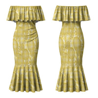 Melemele Hawaii Breadfruit Palaka Motifs Family Matching Mermaid Dress and Hawaiian Shirt LT14 Mom's Dress Yellow - Polynesian Pride