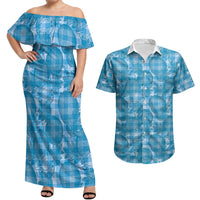 Polu Hawaii Breadfruit Palaka Motifs Couples Matching Off Shoulder Maxi Dress and Hawaiian Shirt LT14 Blue - Polynesian Pride