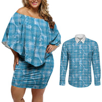Polu Hawaii Breadfruit Palaka Motifs Couples Matching Off Shoulder Short Dress and Long Sleeve Button Shirt LT14 Blue - Polynesian Pride