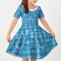 Polu Hawaii Breadfruit Palaka Motifs Kid Short Sleeve Dress LT14 KID Blue - Polynesian Pride