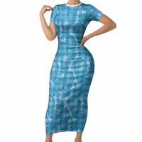 Polu Hawaii Breadfruit Palaka Motifs Short Sleeve Bodycon Dress LT14 Long Dress Blue - Polynesian Pride