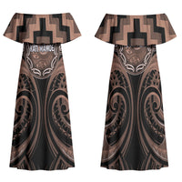 Aotearoa Kati Mamoe Personalised Family Matching Off Shoulder Maxi Dress and Hawaiian Shirt Maori Iwi Poutama Puhoro Tattoo LT14 Mom's Dress Brown - Polynesian Pride