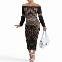 Aotearoa Kati Mamoe Personalised Off The Shoulder Long Sleeve Dress Maori Iwi Poutama Puhoro Tattoo LT14 Women Brown - Polynesian Pride