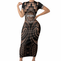 Aotearoa Kati Mamoe Personalised Short Sleeve Bodycon Dress Maori Iwi Poutama Puhoro Tattoo LT14 Long Dress Brown - Polynesian Pride