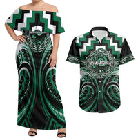 Aotearoa Whakatohea Personalised Couples Matching Off Shoulder Maxi Dress and Hawaiian Shirt Maori Iwi Poutama Puhoro Tattoo LT14 Green - Polynesian Pride