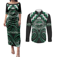 Aotearoa Whakatohea Personalised Couples Matching Puletasi and Long Sleeve Button Shirt Maori Iwi Poutama Puhoro Tattoo LT14 Green - Polynesian Pride