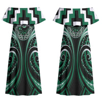 Aotearoa Whakatohea Personalised Family Matching Off Shoulder Maxi Dress and Hawaiian Shirt Maori Iwi Poutama Puhoro Tattoo LT14 Mom's Dress Green - Polynesian Pride
