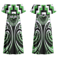 Aotearoa Ngati Awa Personalised Family Matching Off Shoulder Maxi Dress and Hawaiian Shirt Maori Iwi Poutama Puhoro Tattoo LT14 Mom's Dress Green - Polynesian Pride