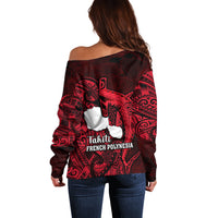 French Polynesia Tahiti Off Shoulder Sweater Polynesian Shark Tattoo With Hibiscus Red Version LT14 - Polynesian Pride