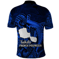French Polynesia Tahiti Polo Shirt Polynesian Shark Tattoo With Hibiscus Blue Version LT14 - Polynesian Pride