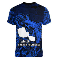 French Polynesia Tahiti Women V Neck T Shirt Polynesian Shark Tattoo With Hibiscus Blue Version LT14 - Polynesian Pride