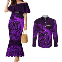 French Polynesia Tahiti Couples Matching Mermaid Dress and Long Sleeve Button Shirts Polynesian Shark Tattoo With Hibiscus Purple Version LT14 Purple - Polynesian Pride