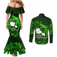 French Polynesia Tahiti Couples Matching Mermaid Dress and Long Sleeve Button Shirts Polynesian Shark Tattoo With Hibiscus Green Version LT14 - Polynesian Pride