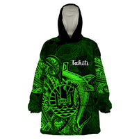 French Polynesia Tahiti Wearable Blanket Hoodie Polynesian Shark Tattoo With Hibiscus Green Version LT14 One Size Green - Polynesian Pride