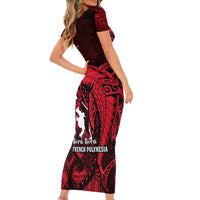 French Polynesia Bora Bora Short Sleeve Bodycon Dress Polynesian Shark Tattoo With Hibiscus Red Version LT14 - Polynesian Pride