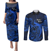 French Polynesia Bora Bora Couples Matching Puletasi Dress and Long Sleeve Button Shirts Polynesian Shark Tattoo With Hibiscus Blue Version LT14 Blue - Polynesian Pride