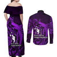 French Polynesia Bora Bora Couples Matching Off Shoulder Maxi Dress and Long Sleeve Button Shirts Polynesian Shark Tattoo With Hibiscus Purple Version LT14 - Polynesian Pride