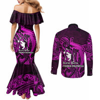 French Polynesia Bora Bora Couples Matching Mermaid Dress and Long Sleeve Button Shirts Polynesian Shark Tattoo With Hibiscus Pink Version LT14 - Polynesian Pride