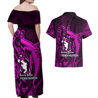 French Polynesia Bora Bora Couples Matching Off Shoulder Maxi Dress and Hawaiian Shirt Polynesian Shark Tattoo With Hibiscus Pink Version LT14 - Polynesian Pride