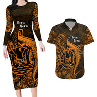 French Polynesia Bora Bora Couples Matching Long Sleeve Bodycon Dress and Hawaiian Shirt Polynesian Shark Tattoo With Hibiscus Red Version LT14 Gold - Polynesian Pride